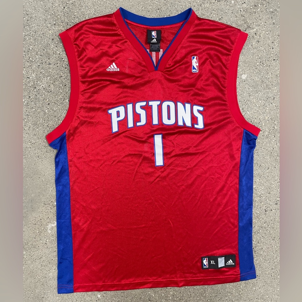 adidas Red and Blue Detroit Pistons Basketball Jersey #1